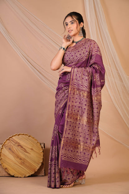 Anuttara Bhagalpuri Purple Jay Shree Cotton Fine Golden Foil Print Saree with Unstitched Blouse_AFS1424-FS