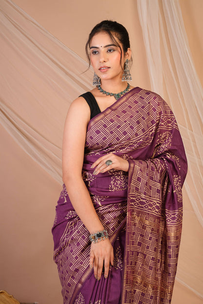 Anuttara Bhagalpuri Purple Jay Shree Cotton Fine Golden Foil Print Saree with Unstitched Blouse_AFS1424-FS