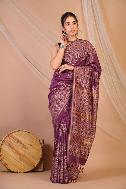 Anuttara Bhagalpuri Purple Jay Shree Cotton Fine Golden Foil Print Saree with Unstitched Blouse_AFS1424-FS