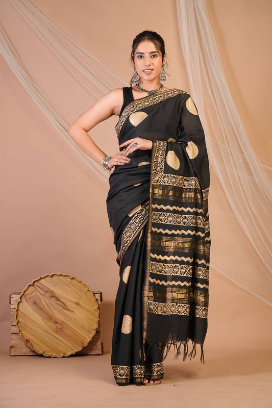 Anuttara Bhagalpuri Black Jay Shree Cotton Fine Golden Foil Print Saree with Unstitched Blouse_AFS1425-FS