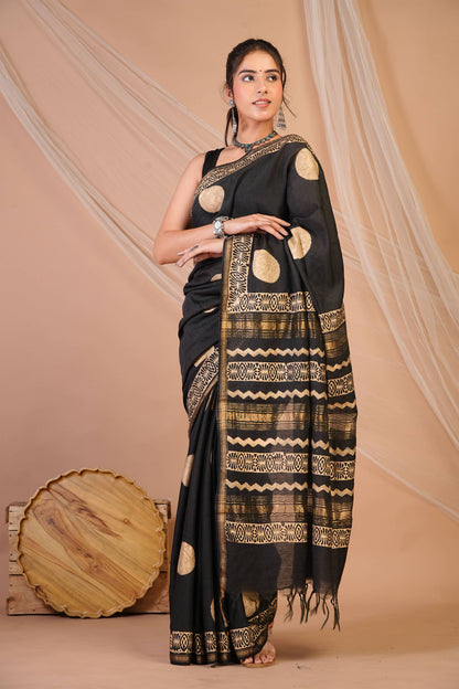 Anuttara Bhagalpuri Black Jay Shree Cotton Fine Golden Foil Print Saree with Unstitched Blouse_AFS1425-FS