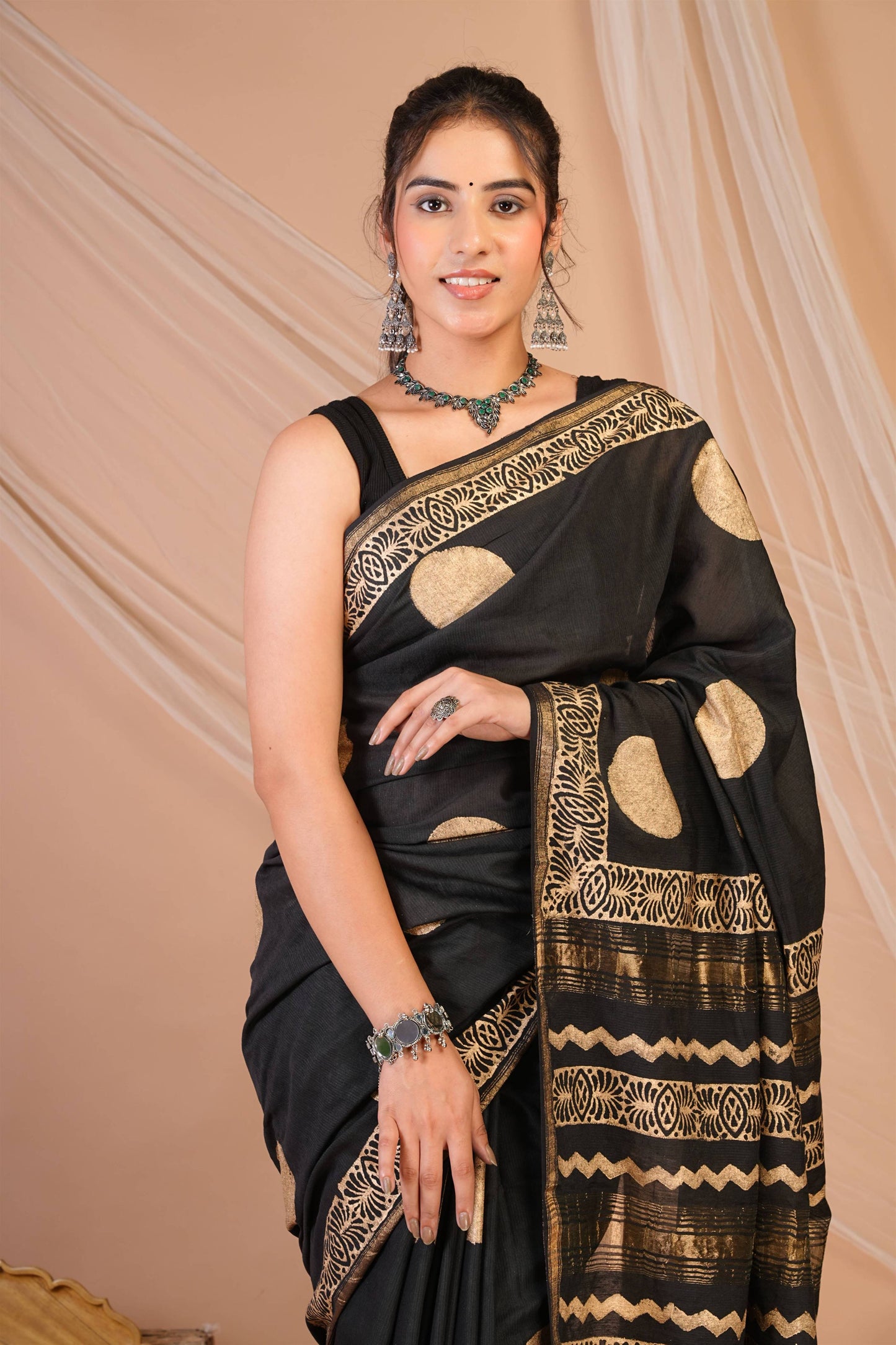 Anuttara Bhagalpuri Black Jay Shree Cotton Fine Golden Foil Print Saree with Unstitched Blouse_AFS1425-FS