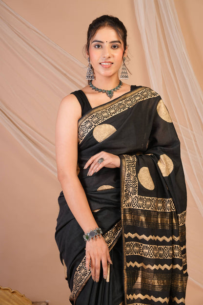 Anuttara Bhagalpuri Black Jay Shree Cotton Fine Golden Foil Print Saree with Unstitched Blouse_AFS1425-FS