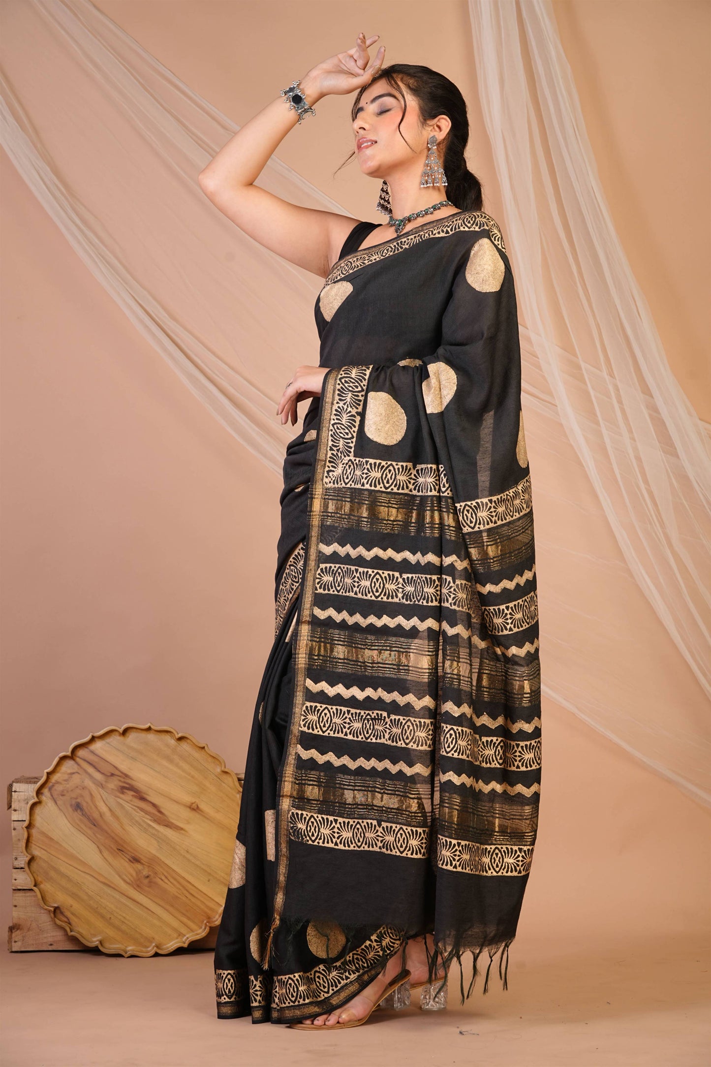 Anuttara Bhagalpuri Black Jay Shree Cotton Fine Golden Foil Print Saree with Unstitched Blouse_AFS1425-FS