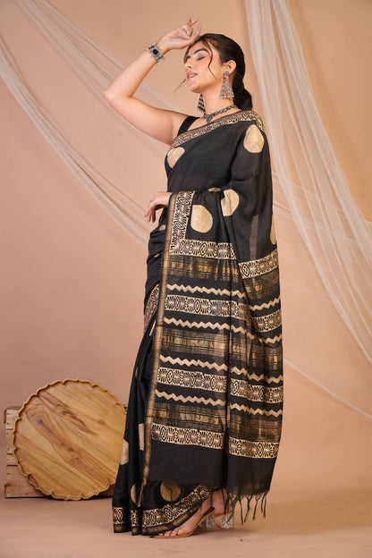 Anuttara Bhagalpuri Black Jay Shree Cotton Fine Golden Foil Print Saree with Unstitched Blouse_AFS1425-FS