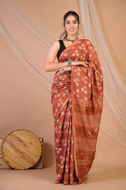 Anuttara Bhagalpuri Rust Jay Shree Cotton Fine Golden Foil Print Saree with Unstitched Blouse_AFS1426-FS