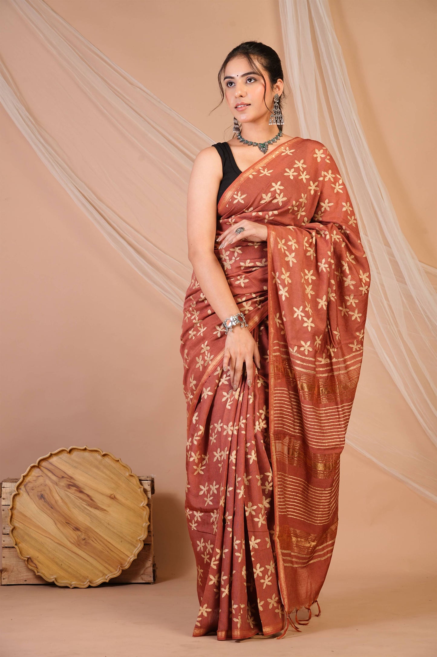 Anuttara Bhagalpuri Rust Jay Shree Cotton Fine Golden Foil Print Saree with Unstitched Blouse_AFS1426-FS