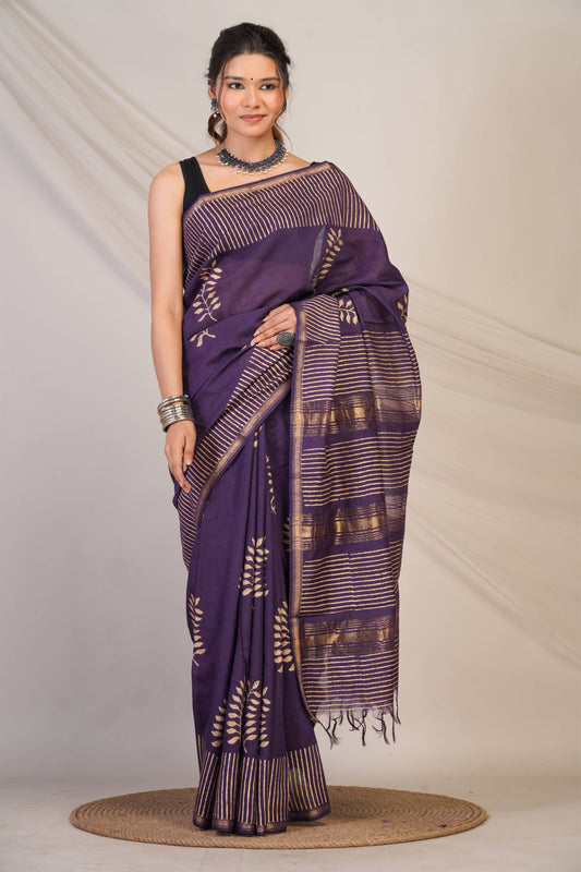 Anuttara Bhagalpuri Wine Jay Shree Cotton Fine Golden Foil Print Saree with Unstitched Blouse_AFS1427-FS