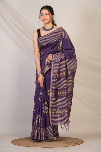 Anuttara Bhagalpuri Wine Jay Shree Cotton Fine Golden Foil Print Saree with Unstitched Blouse_AFS1427-FS