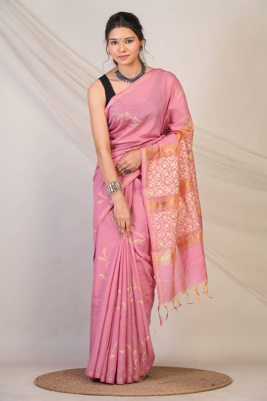Anuttara Bhagalpuri Pink Jay Shree Cotton Fine Golden Foil Print Saree with Unstitched Blouse_AFS1428-FS