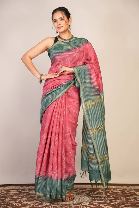 Anuttara Bhagalpuri Pink::Green Jay Shree Cotton Fine Paisley Saree with Unstitched Blouse_AFS1429-FS