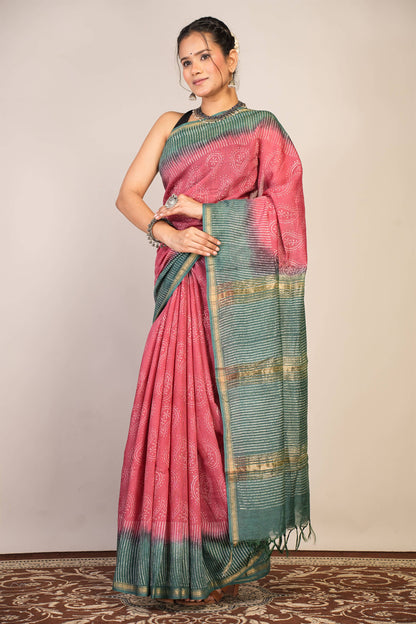Anuttara Bhagalpuri Pink::Green Jay Shree Cotton Fine Paisley Saree with Unstitched Blouse_AFS1429-FS