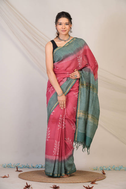 Anuttara Bhagalpuri Pink::Green Jay Shree Cotton Fine Floral Saree with Unstitched Blouse_AFS1430-FS