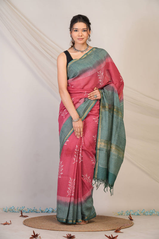 Anuttara Bhagalpuri Pink::Green Jay Shree Cotton Fine Floral Saree with Unstitched Blouse_AFS1430-FS