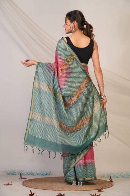 Anuttara Bhagalpuri Pink::Green Jay Shree Cotton Fine Floral Saree with Unstitched Blouse_AFS1430-FS