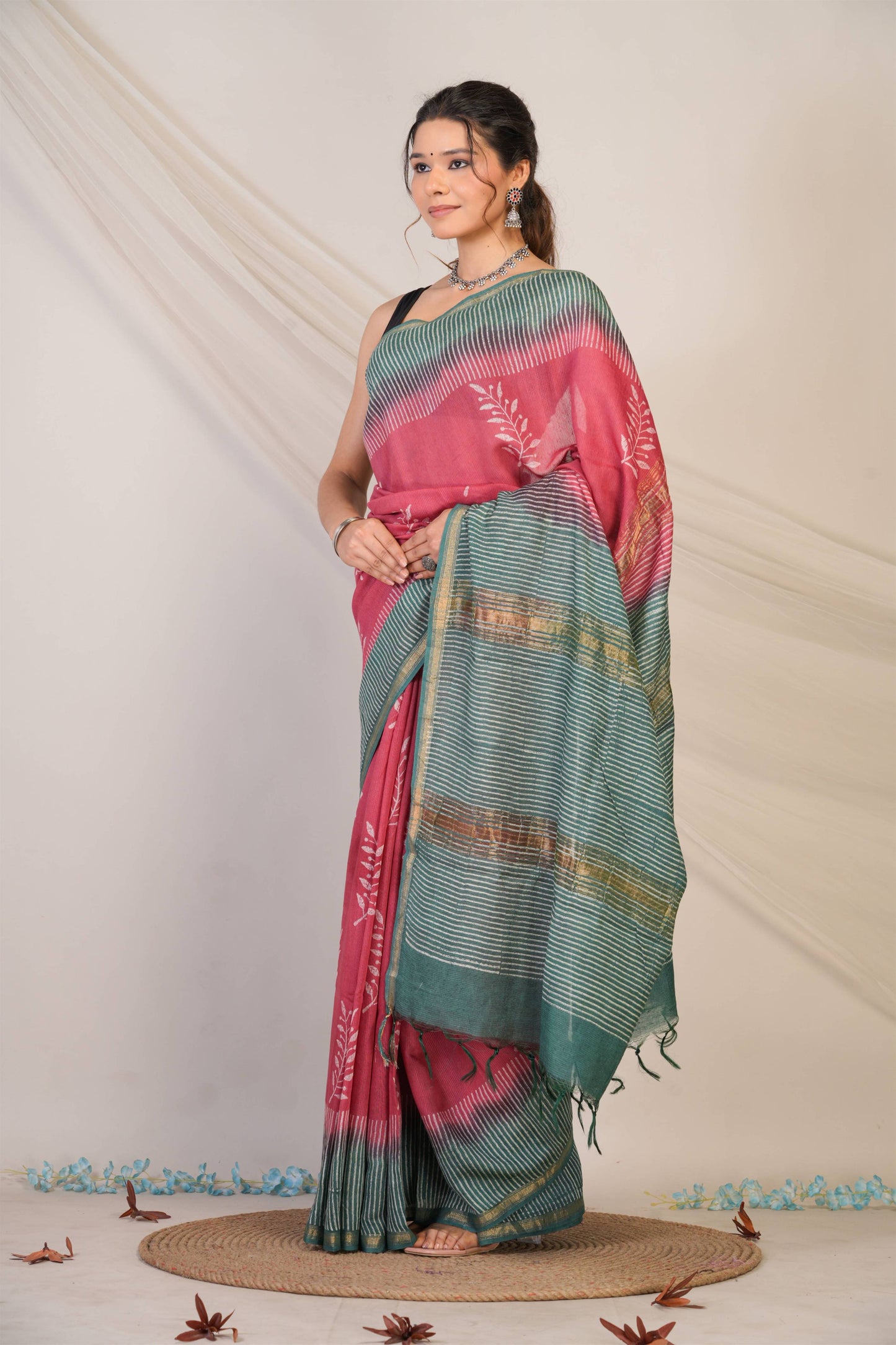 Anuttara Bhagalpuri Pink::Green Jay Shree Cotton Fine Floral Saree with Unstitched Blouse_AFS1430-FS