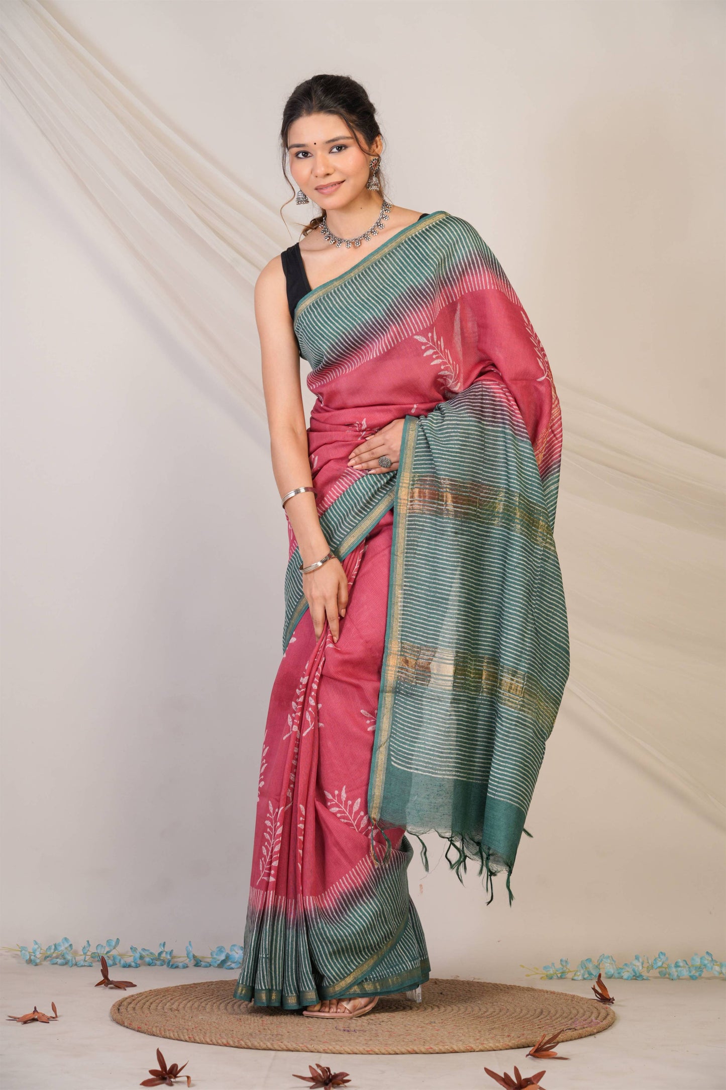 Anuttara Bhagalpuri Pink::Green Jay Shree Cotton Fine Floral Saree with Unstitched Blouse_AFS1430-FS