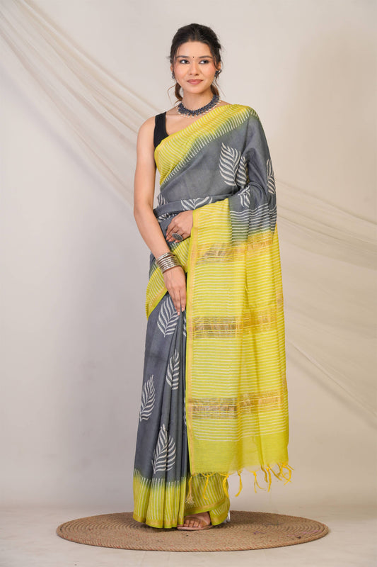 Anuttara Bhagalpuri Grey::Green Jay Shree Cotton Fine Floral Saree with Unstitched Blouse_AFS1431-FS