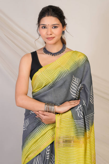 Anuttara Bhagalpuri Grey::Green Jay Shree Cotton Fine Floral Saree with Unstitched Blouse_AFS1431-FS