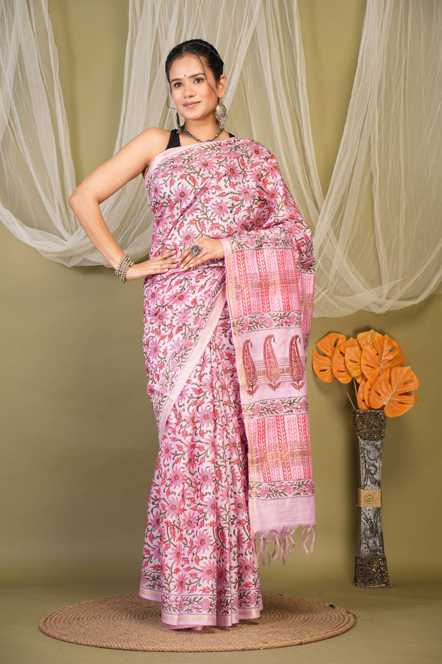 Anuttara Bhagalpuri Pink Jay Shree Cotton Fine Floral Saree with Unstitched Blouse_AFS1433-FS