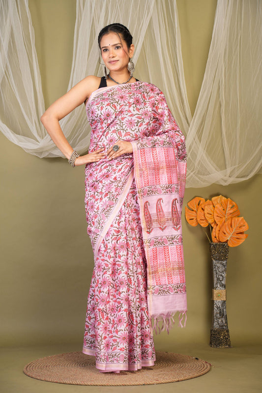 Anuttara Bhagalpuri Pink Jay Shree Cotton Fine Floral Saree with Unstitched Blouse_AFS1433-FS