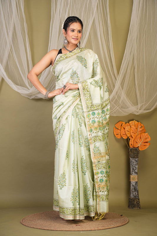 Anuttara Bhagalpuri Pista Green Jay Shree Cotton Fine Floral Saree with Unstitched Blouse_AFS1434-FS