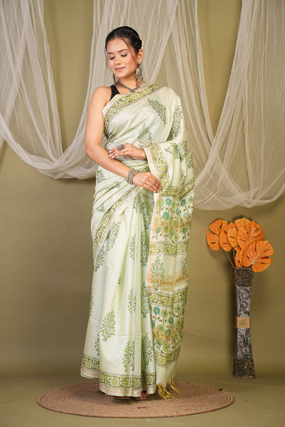 Anuttara Bhagalpuri Pista Green Jay Shree Cotton Fine Floral Saree with Unstitched Blouse_AFS1434-FS