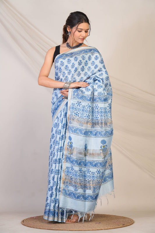 Anuttara Bhagalpuri Blue Jay Shree Cotton Fine Floral Saree with Unstitched Blouse_AFS1435-FS