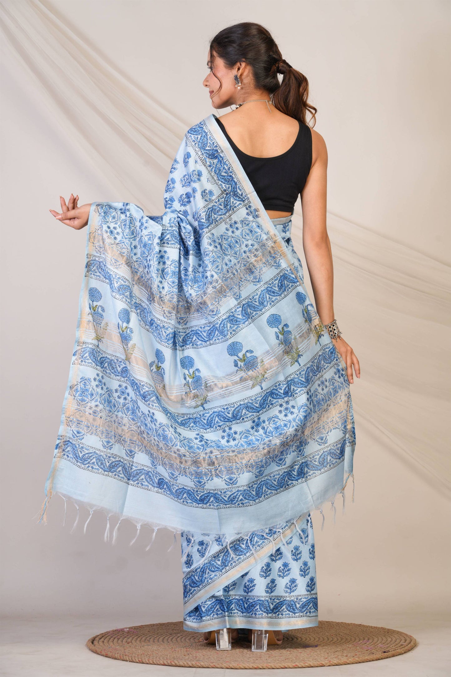 Anuttara Bhagalpuri Blue Jay Shree Cotton Fine Floral Saree with Unstitched Blouse_AFS1435-FS