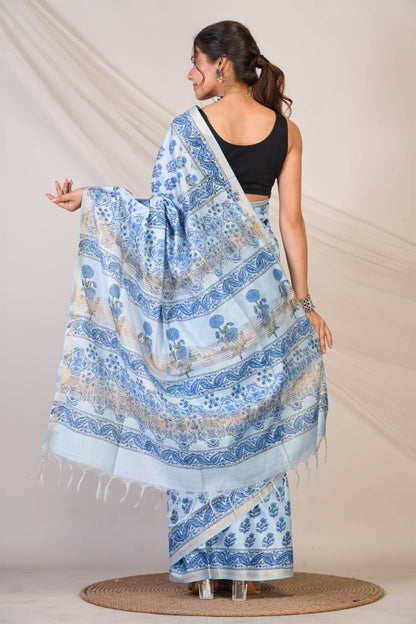 Anuttara Bhagalpuri Blue Jay Shree Cotton Fine Floral Saree with Unstitched Blouse_AFS1435-FS
