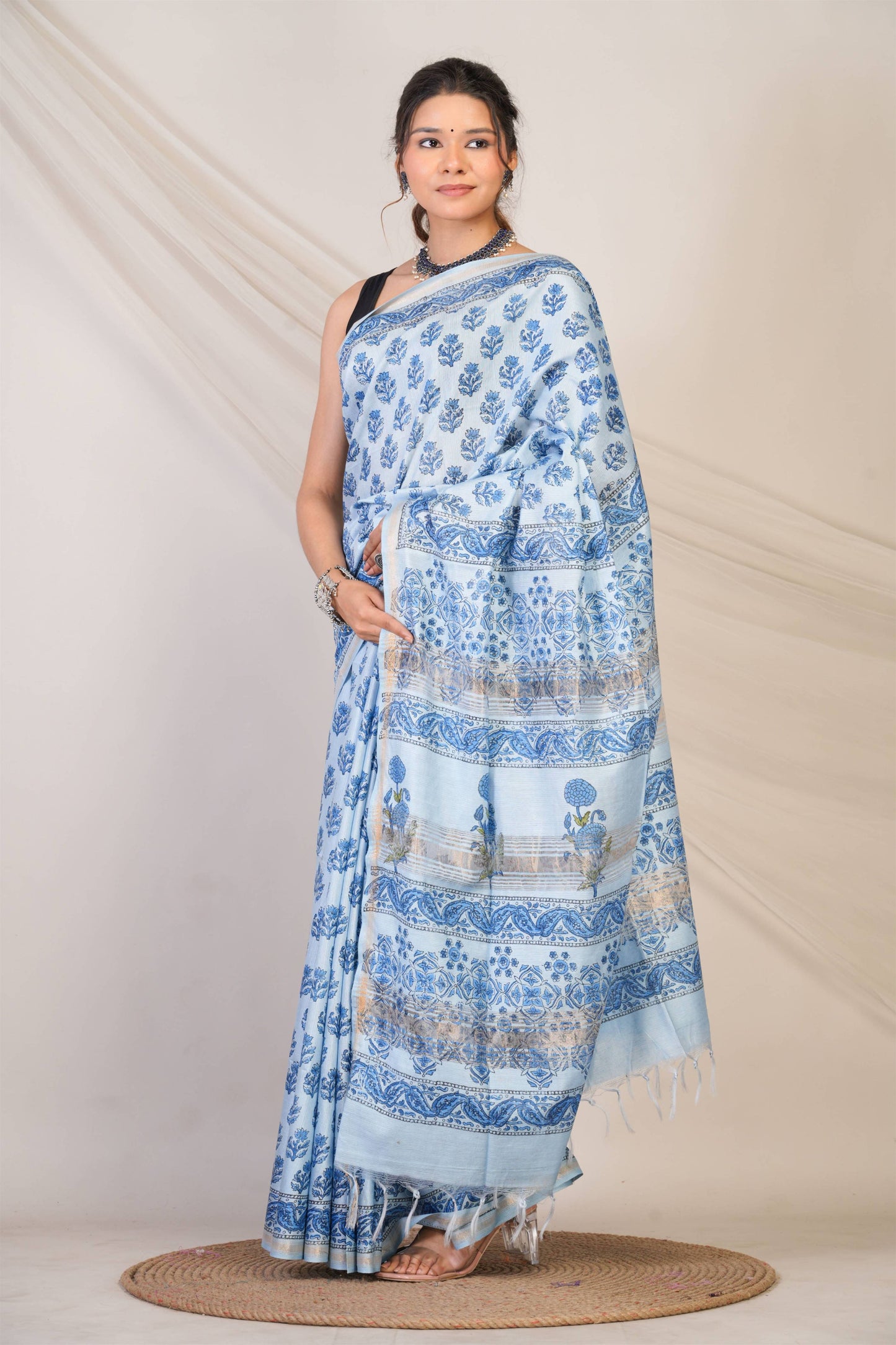 Anuttara Bhagalpuri Blue Jay Shree Cotton Fine Floral Saree with Unstitched Blouse_AFS1435-FS