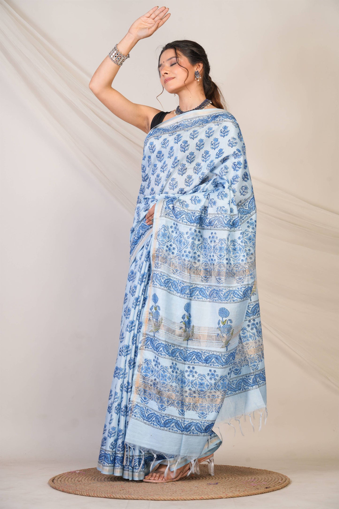 Anuttara Bhagalpuri Blue Jay Shree Cotton Fine Floral Saree with Unstitched Blouse_AFS1435-FS