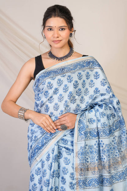 Anuttara Bhagalpuri Blue Jay Shree Cotton Fine Floral Saree with Unstitched Blouse_AFS1435-FS