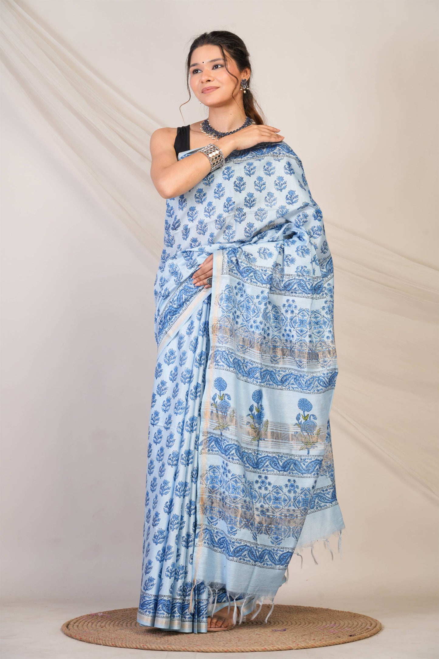 Anuttara Bhagalpuri Blue Jay Shree Cotton Fine Floral Saree with Unstitched Blouse_AFS1435-FS