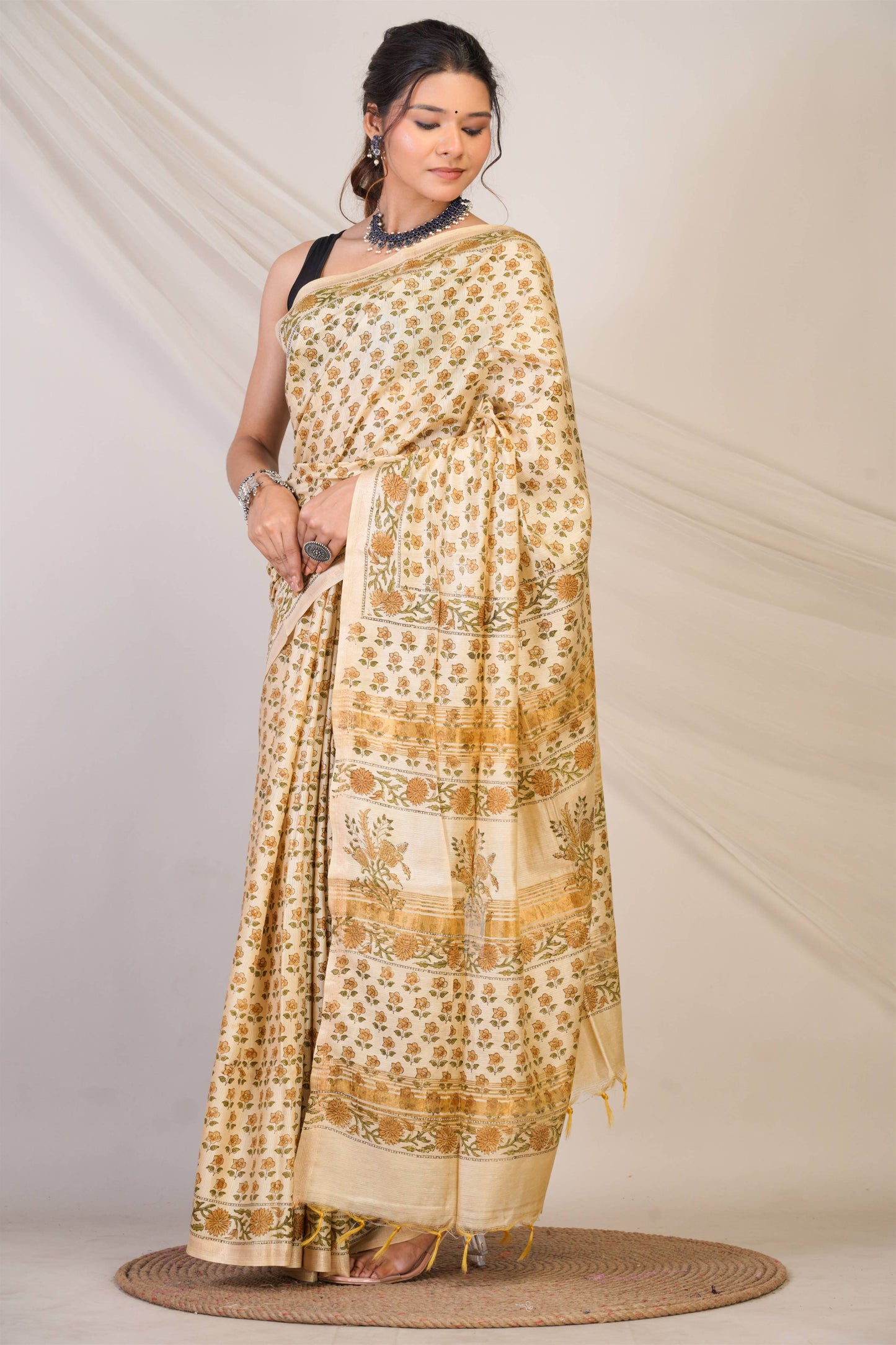 Anuttara Bhagalpuri Beige Jay Shree Cotton Fine Floral Saree with Unstitched Blouse_AFS1436-FS