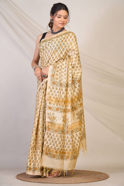 Anuttara Bhagalpuri Beige Jay Shree Cotton Fine Floral Saree with Unstitched Blouse_AFS1436-FS