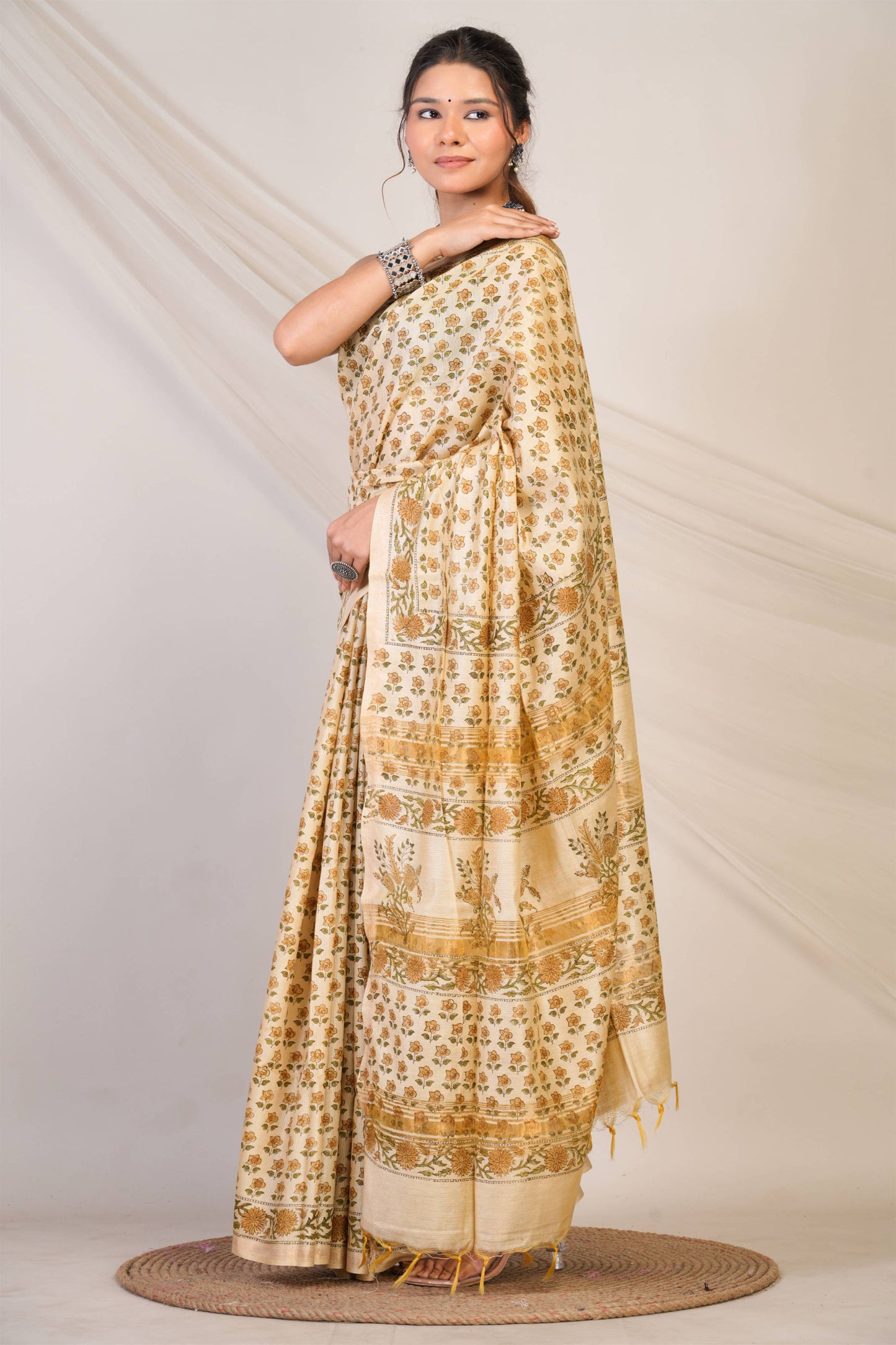 Anuttara Bhagalpuri Beige Jay Shree Cotton Fine Floral Saree with Unstitched Blouse_AFS1436-FS