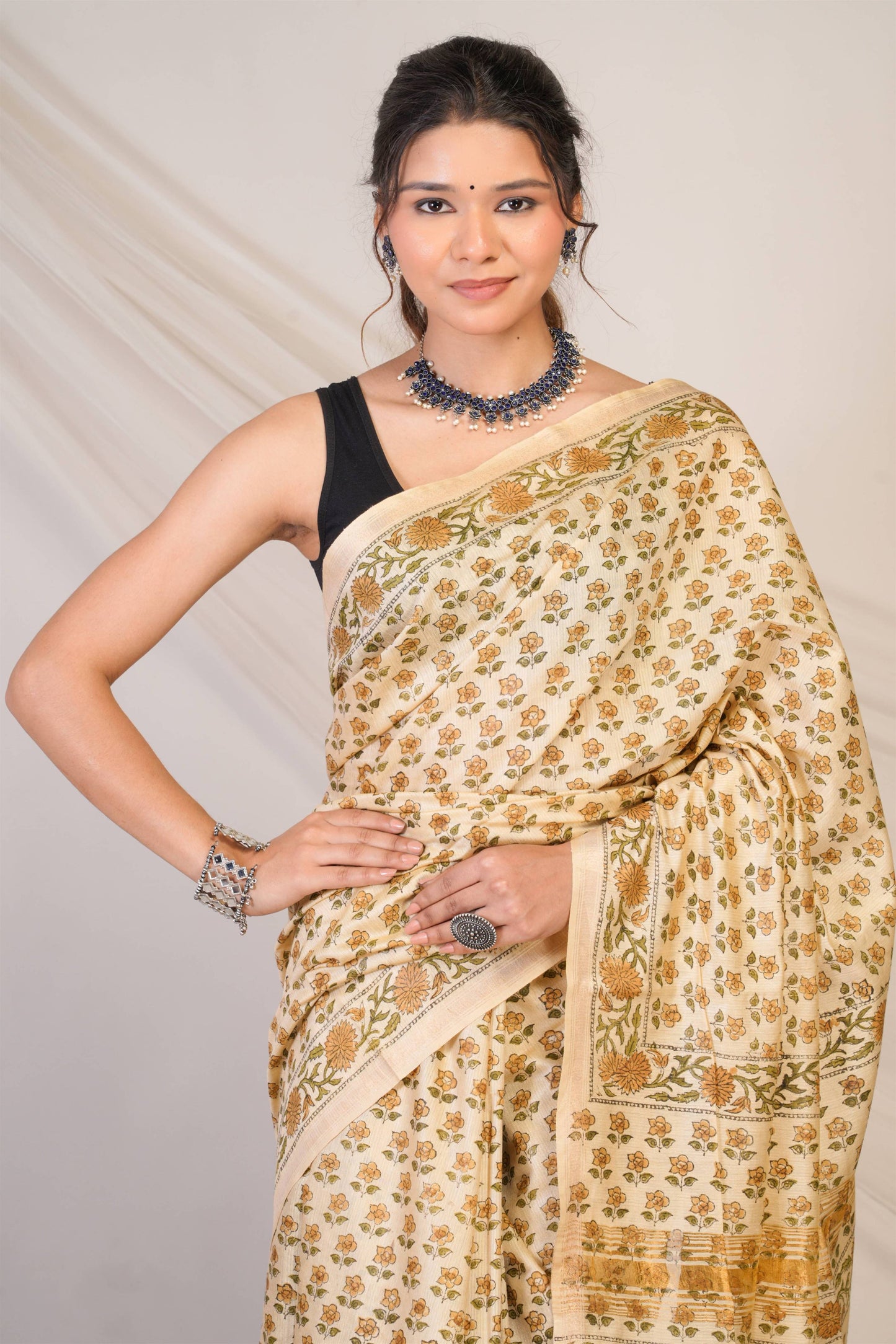 Anuttara Bhagalpuri Beige Jay Shree Cotton Fine Floral Saree with Unstitched Blouse_AFS1436-FS