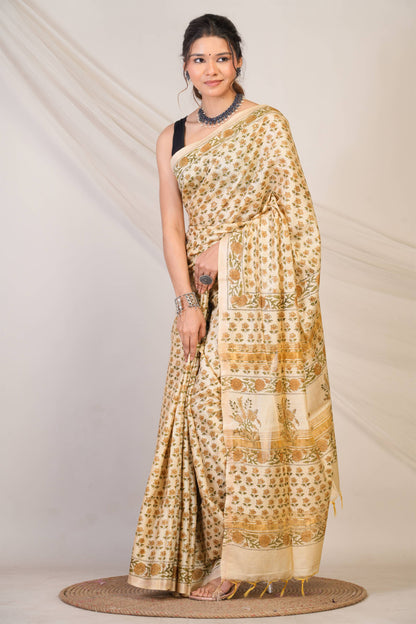 Anuttara Bhagalpuri Beige Jay Shree Cotton Fine Floral Saree with Unstitched Blouse_AFS1436-FS