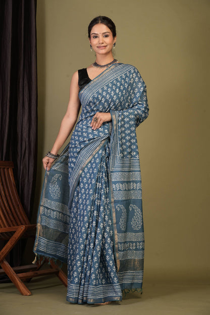 Anuttara Bhagalpuri Teal Blue Cotton Silk (Art Silk) Floral Saree with Unstitched Blouse_AFS1437-FS