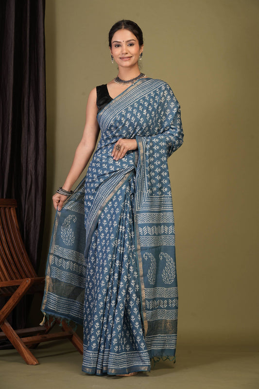 Anuttara Bhagalpuri Teal Blue Cotton Silk (Art Silk) Floral Saree with Unstitched Blouse_AFS1437-FS