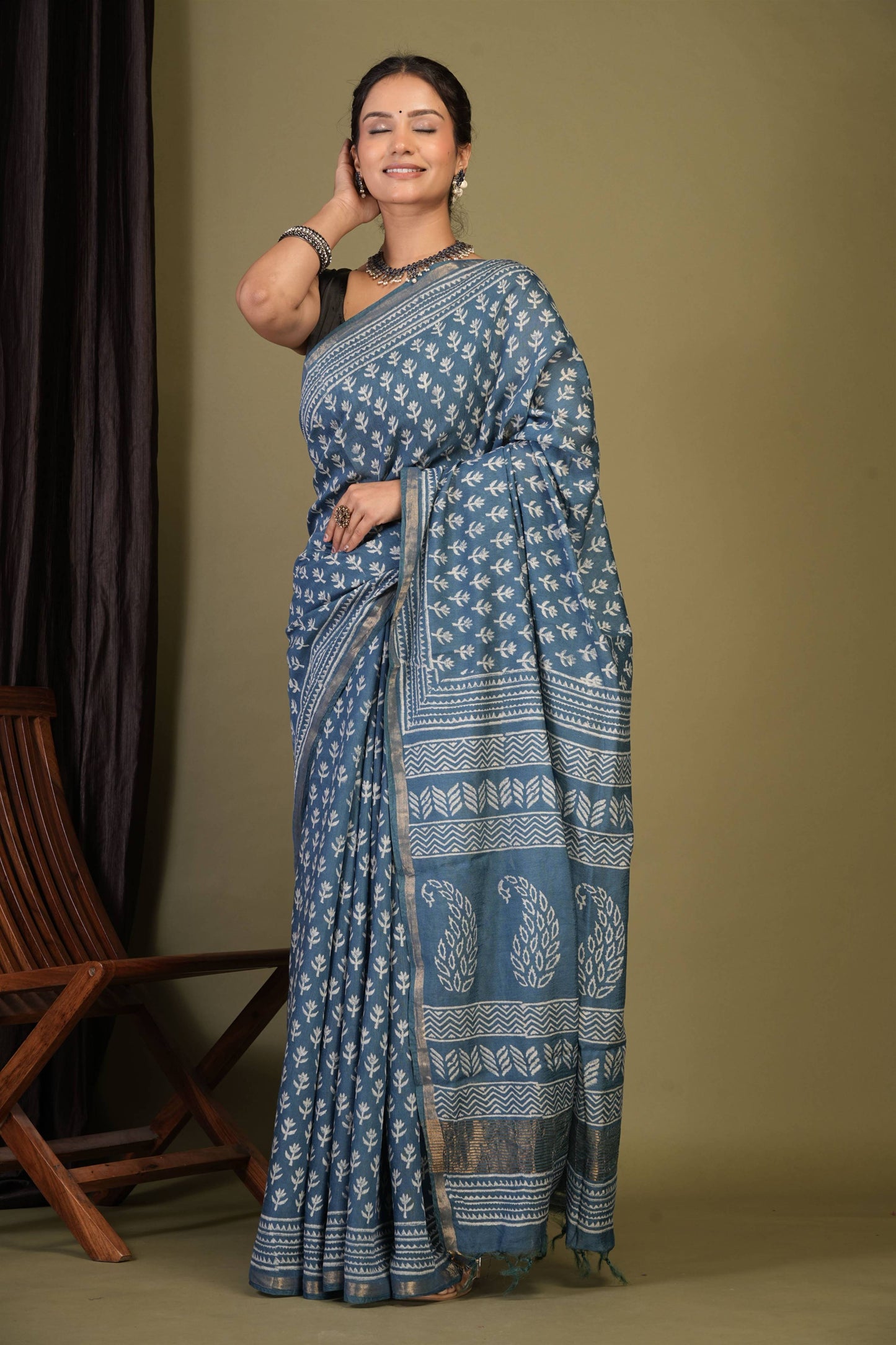 Anuttara Bhagalpuri Teal Blue Cotton Silk (Art Silk) Floral Saree with Unstitched Blouse_AFS1437-FS