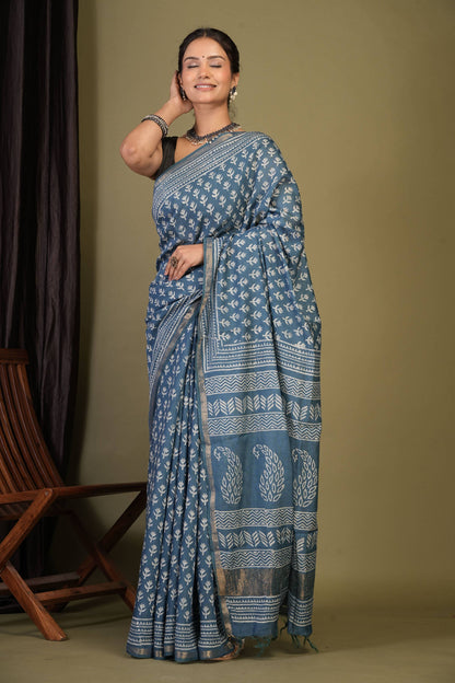 Anuttara Bhagalpuri Teal Blue Cotton Silk (Art Silk) Floral Saree with Unstitched Blouse_AFS1437-FS