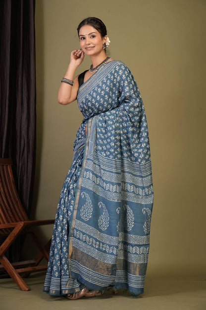 Anuttara Bhagalpuri Teal Blue Cotton Silk (Art Silk) Floral Saree with Unstitched Blouse_AFS1437-FS
