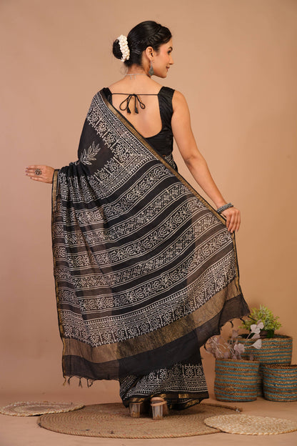 Anuttara Bhagalpuri Black Cotton Silk (Art Silk) Floral Saree with Unstitched Blouse_AFS1438-FS