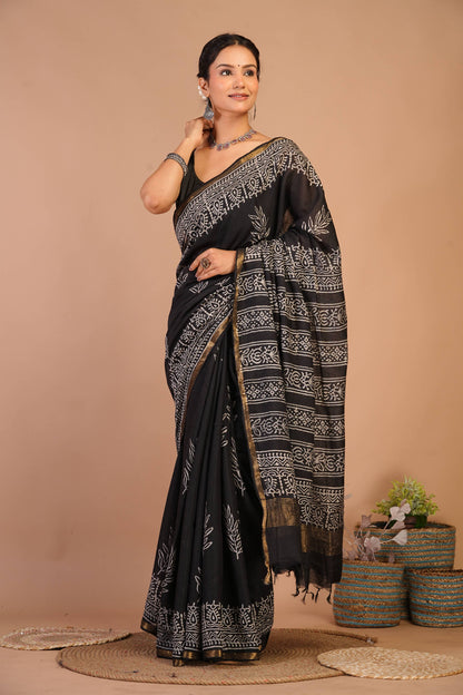 Anuttara Bhagalpuri Black Cotton Silk (Art Silk) Floral Saree with Unstitched Blouse_AFS1438-FS