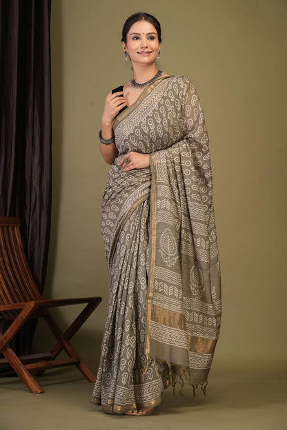 Anuttara Bhagalpuri Olive Green Cotton Silk (Art Silk) Floral Saree with Unstitched Blouse_AFS1440-FS