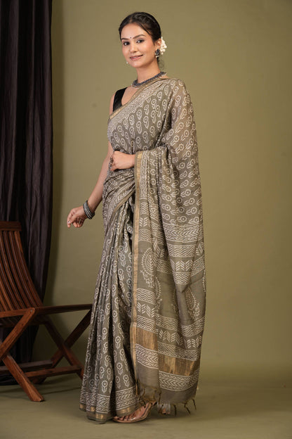 Anuttara Bhagalpuri Olive Green Cotton Silk (Art Silk) Floral Saree with Unstitched Blouse_AFS1440-FS