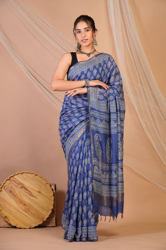 Anuttara Bhagalpuri Blue Cotton Silk (Art Silk) Abstract Saree with Unstitched Blouse_AFS1441-FS