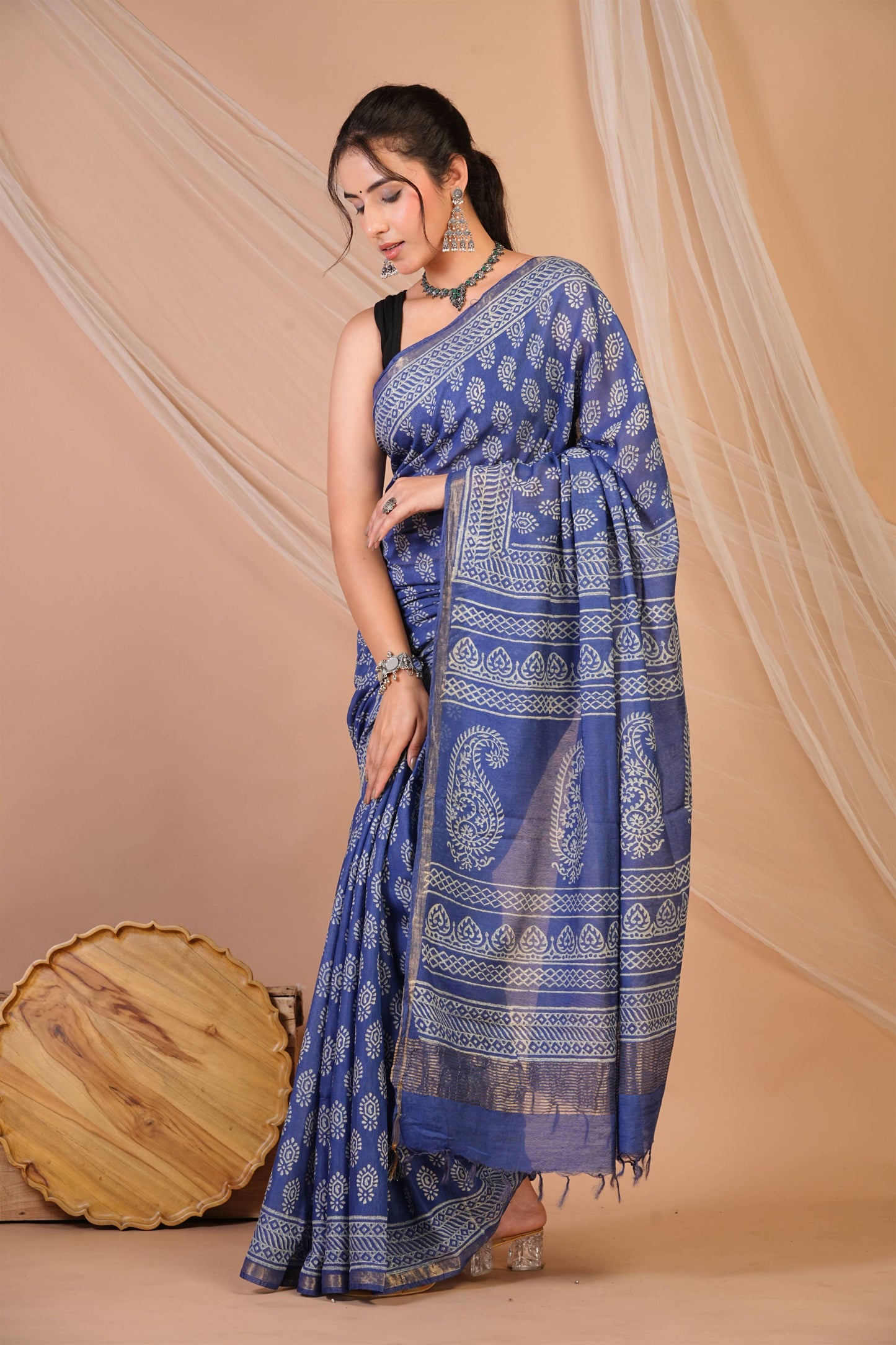 Anuttara Bhagalpuri Blue Cotton Silk (Art Silk) Abstract Saree with Unstitched Blouse_AFS1441-FS